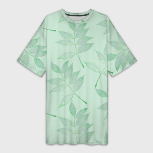 Платье-футболка 3D Зеленые листья на светло зеленом, цвет 3D печать