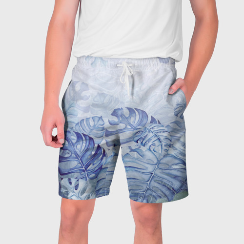 Мужские шорты 3D с принтом Синие листья, вид спереди #2