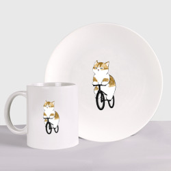 Набор: тарелка + кружка Котик на велосипеде