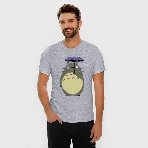 Мужская футболка хлопок Slim с принтом Тоторо под зонтом, фото на моделе #1