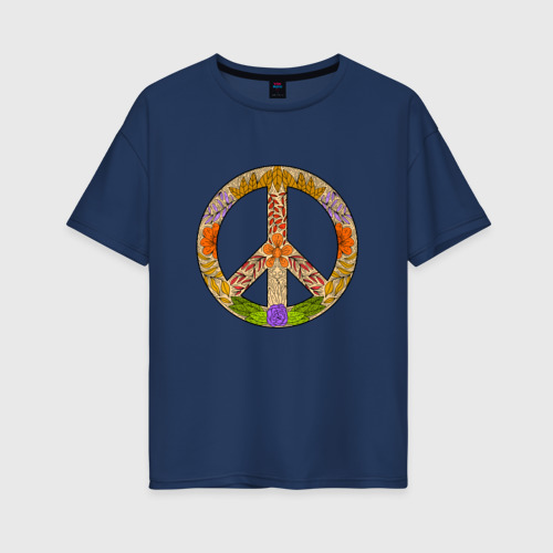 Женская футболка хлопок Oversize Peace and flowers, цвет темно-синий