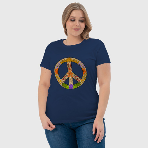 Женская футболка хлопок Peace and flowers, цвет темно-синий - фото 6