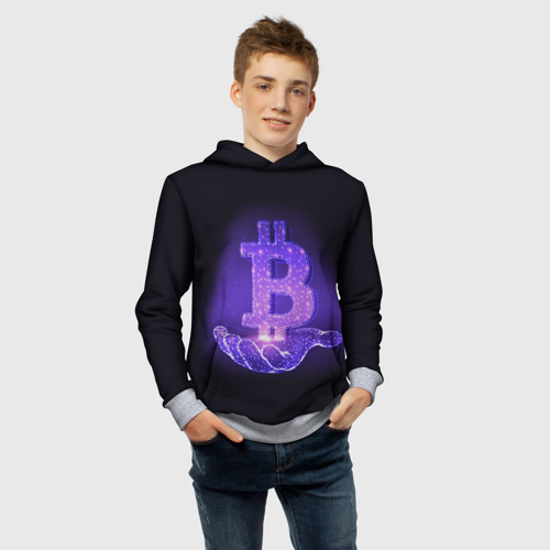 Детская толстовка 3D Bitcoin IN hand биткоин, цвет меланж - фото 6