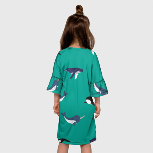 Детское платье 3D с принтом Нарвал, киты, касатка паттерн, вид сзади #2