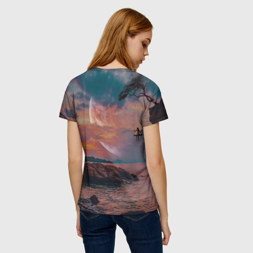 Женская футболка 3D с принтом Закат на качелях, вид сзади #2