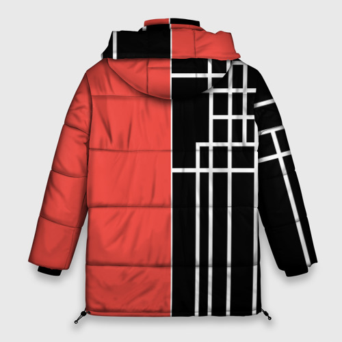 Женская зимняя куртка 3D с принтом Черный и коралловый геометрический узор, вид сзади #1