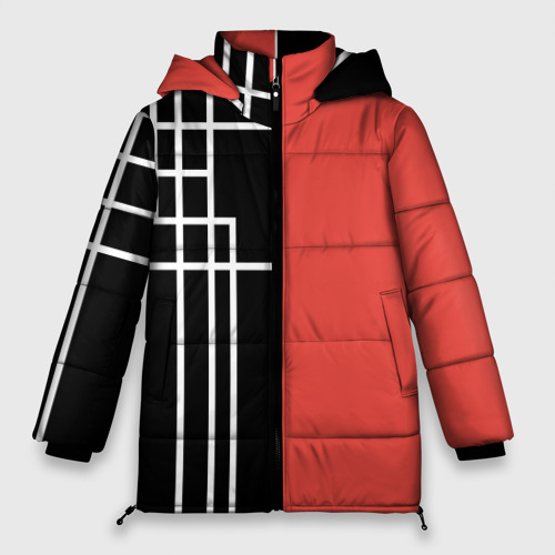 Женская зимняя куртка 3D с принтом Черный и коралловый геометрический узор, вид спереди #2