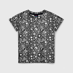 Детская футболка 3D Кружевной цветочный черно белый узор