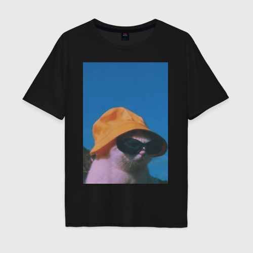Мужская футболка хлопок Oversize Котик в панаме и очках, цвет черный