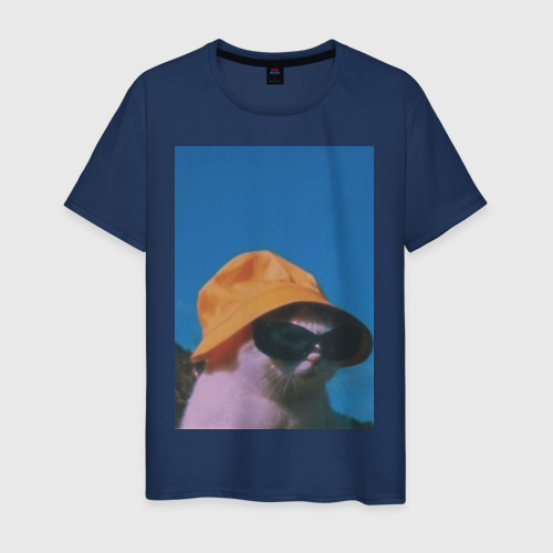 Мужская футболка хлопок Котик в панаме и очках, цвет темно-синий