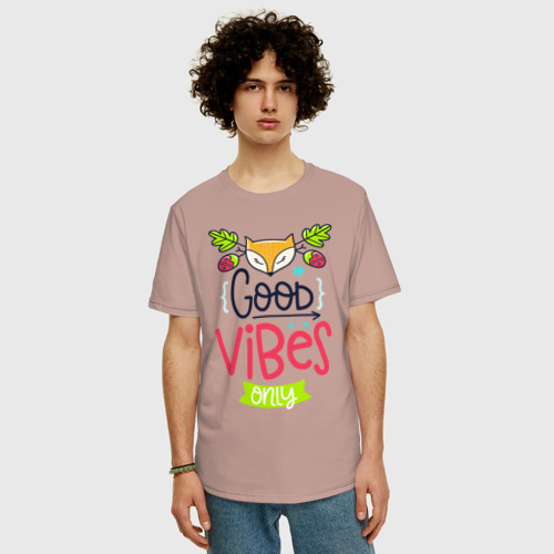 Мужская футболка хлопок Oversize с принтом Надпись только хорошие мысли, фото на моделе #1