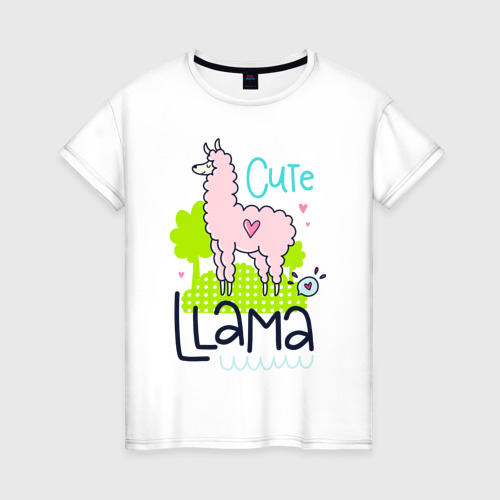 Женская футболка из хлопка с принтом Надпись милая лама, вид спереди №1