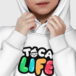 Худи с принтом Toca Life logo для ребенка, вид на модели спереди №5. Цвет основы: белый