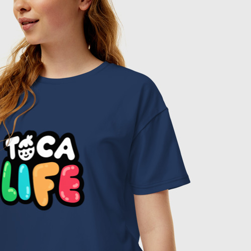 Женская футболка хлопок Oversize Toca Life logo, цвет темно-синий - фото 3