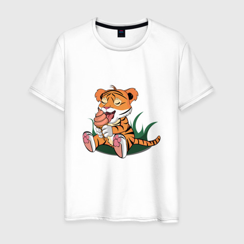 Мужская футболка из хлопка с принтом Тигр ест, вид спереди №1