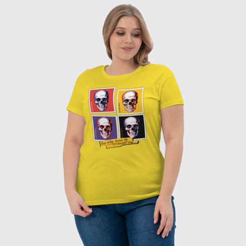 Женская футболка хлопок Череп поп арт, цвет желтый - фото 6