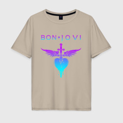 Мужская футболка хлопок Oversize Bon Jovi neon logo heart