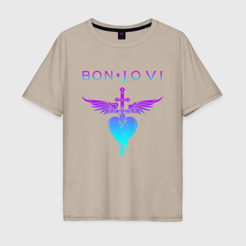 Мужская футболка хлопок Oversize Bon Jovi neon logo heart, цвет миндальный