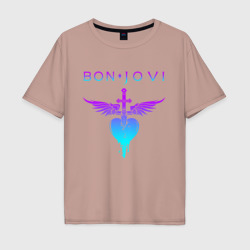 Мужская футболка хлопок Oversize Bon Jovi neon logo heart