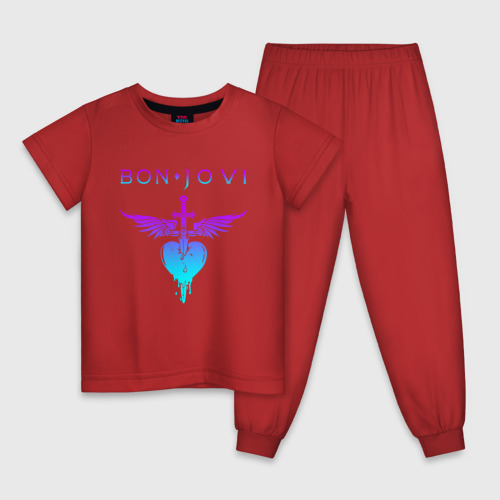 Детская пижама хлопок Bon Jovi neon logo heart, цвет красный