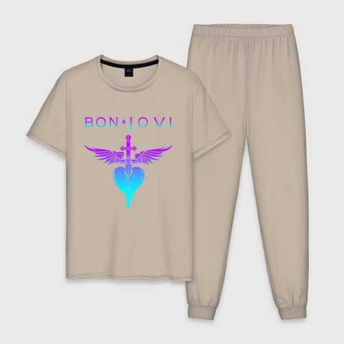 Мужская пижама хлопок Bon Jovi neon logo heart, цвет миндальный