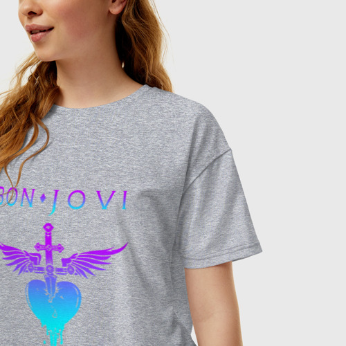Женская футболка хлопок Oversize Bon Jovi neon logo heart, цвет меланж - фото 3