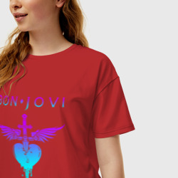 Женская футболка хлопок Oversize Bon Jovi neon logo heart - фото 2