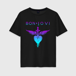 Женская футболка хлопок Oversize Bon Jovi neon logo heart