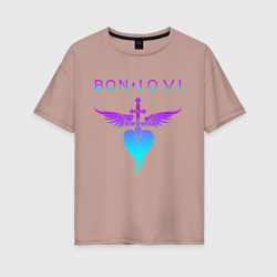 Женская футболка хлопок Oversize Bon Jovi neon logo heart