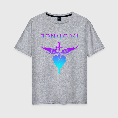 Женская футболка хлопок Oversize Bon Jovi neon logo heart, цвет меланж