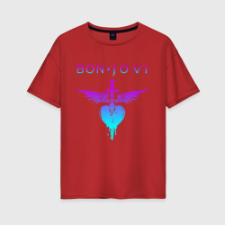 Женская футболка хлопок Oversize Bon Jovi neon logo heart