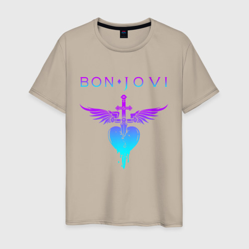 Мужская футболка хлопок с принтом BON JOVI NEON LOGO HEART, вид спереди #2