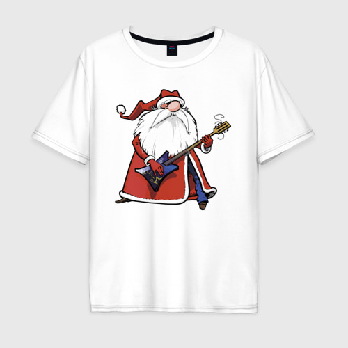 Мужская футболка из хлопка оверсайз с принтом Дед Мороз гитарист, вид спереди №1