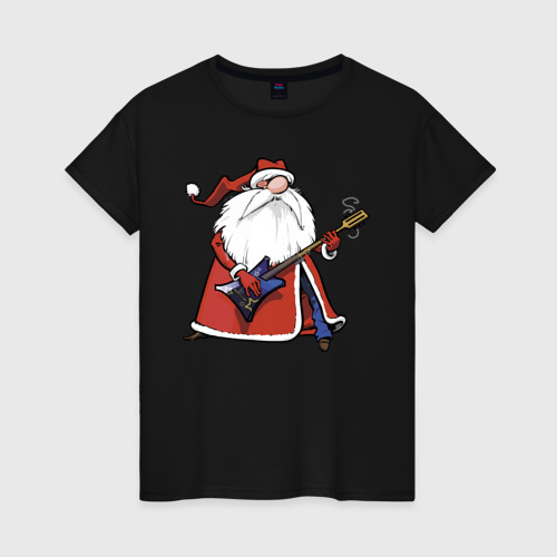 Женская футболка хлопок Дед Мороз гитарист, цвет черный