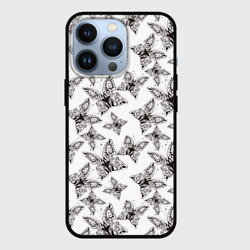 Чехол для iPhone 13 Pro Ажурные черный бабочки на белом фоне