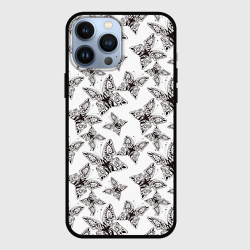 Чехол для iPhone 13 Pro Max с принтом Ажурные черный бабочки на белом фоне, вид спереди #2