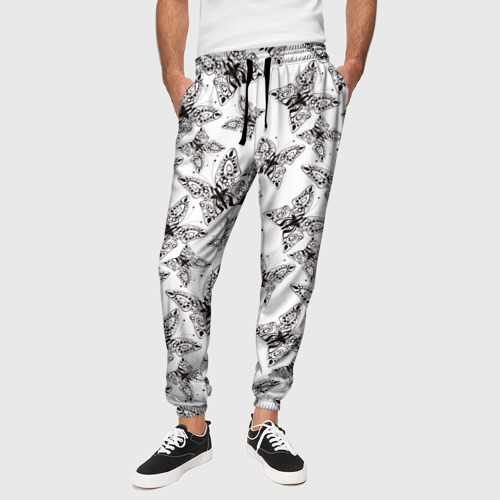 Мужские брюки 3D Ажурные черный бабочки на белом фоне, цвет 3D печать - фото 4