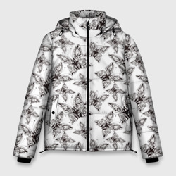 Мужская зимняя куртка 3D Ажурные черный бабочки на белом фоне