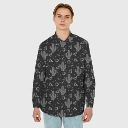 Мужская рубашка oversize 3D Черно белые кактусы - фото 2