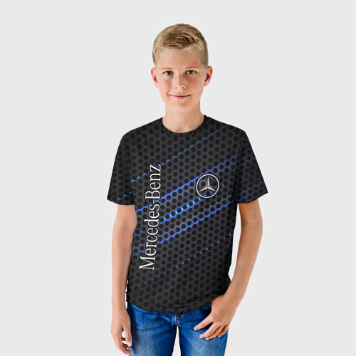 Детская футболка 3D с принтом MERCEDES LOGO NEON, фото на моделе #1