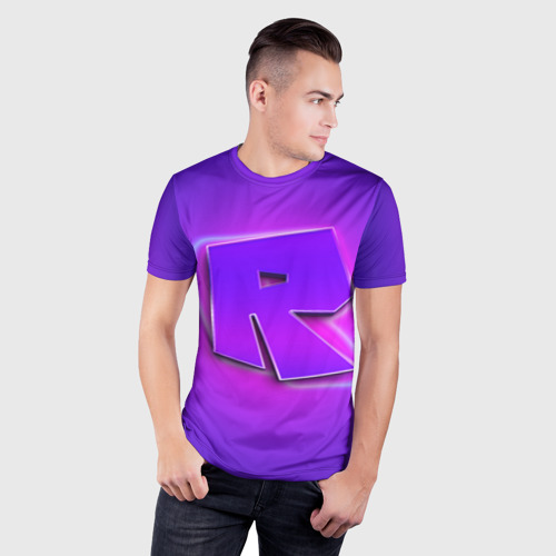 Мужская футболка 3D Slim Roblox neon logo Роблокс, цвет 3D печать - фото 3