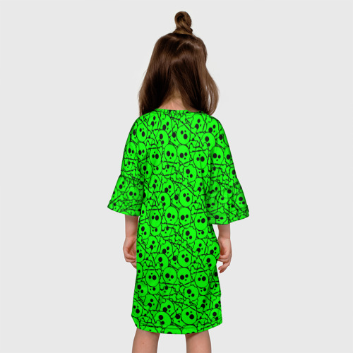 Детское платье 3D с принтом Черепа на кислотно-зеленом фоне, вид сзади #2