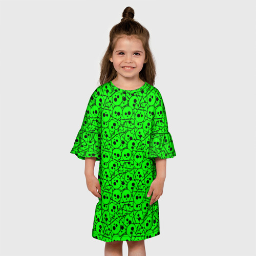 Детское платье 3D с принтом Черепа на кислотно-зеленом фоне, вид сбоку #3