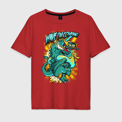 Мужская футболка хлопок Oversize Динозавр в подводной маске, цвет красный