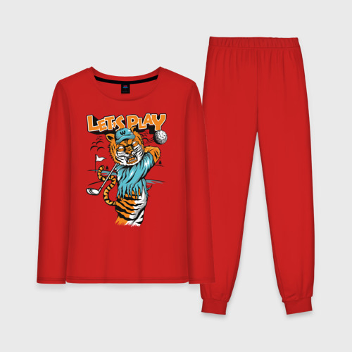Женская пижама с лонгсливом хлопок Тигр игрок в гольф, цвет красный