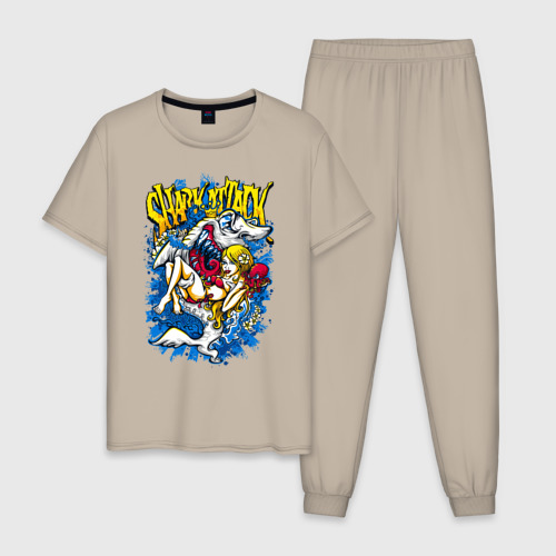 Мужская пижама хлопок Девушка и акула, цвет миндальный