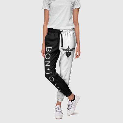 Женские брюки 3D Bon Jovi black white, цвет 3D печать - фото 3