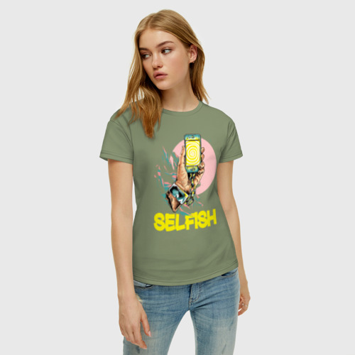 Женская футболка хлопок с принтом Рука с телефоном, фото на моделе #1