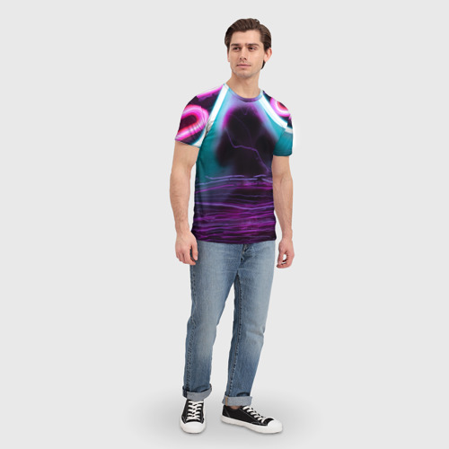 Мужская футболка 3D с принтом Face in neon style, вид сбоку #3