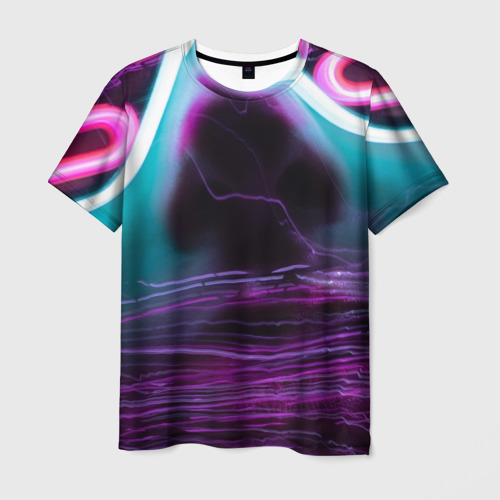 Мужская футболка 3D с принтом Face in neon style, вид спереди #2